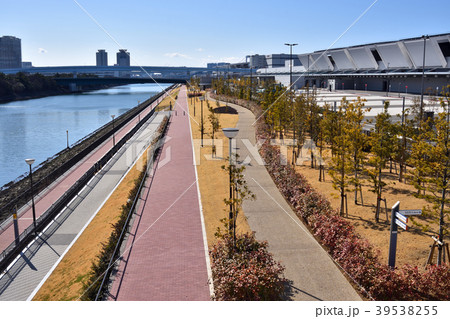 豊洲市場の青果棟と東雲運河の写真素材