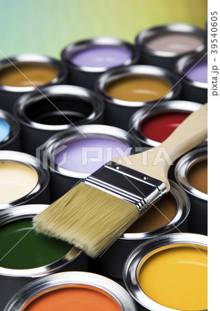 Paint brush, tin can and color guide samples. Paint brush, tin can and color guide samples. 39540605