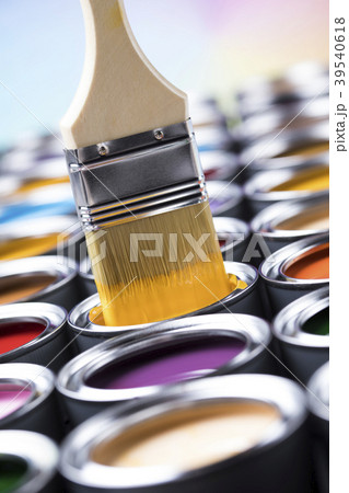 Open paint cans with a brush, Rainbow colors Open paint cans with a brush, Rainbow colors 39540618