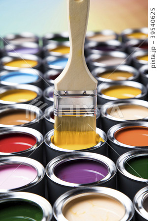 Open paint cans with a brush, Rainbow colors Open paint cans with a brush, Rainbow colors 39540625