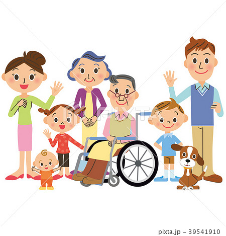 車椅子のおじいちゃんと三世代家族のイラスト素材
