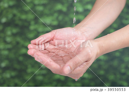 水をすくう女性の手の写真素材