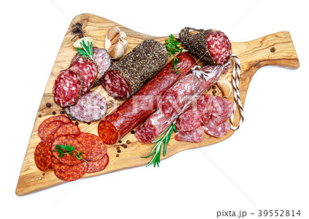 Various types of Dried organic salami sausage on 39552814