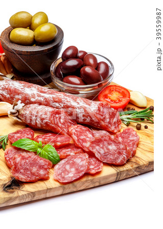 Dried organic salami sausage or chorizo on wooden 39559987