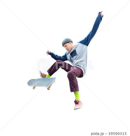 A teenage boy in a hat and a sweatshirt jumping 39560315