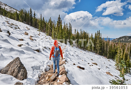 Tourist with backpack hiking on snowy trail Tourist with backpack hiking on snowy trail 39561053