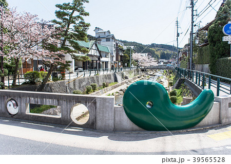 春の玉造温泉 勾玉橋の写真素材