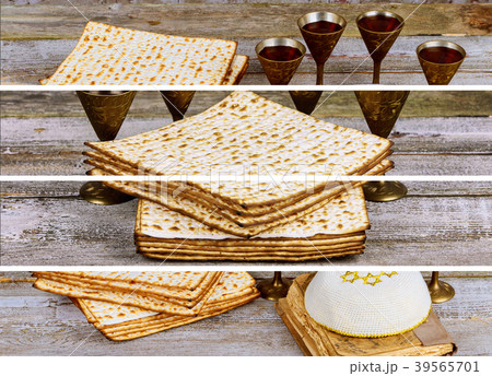 Red kosher wine with a white plate of matzah  39565701