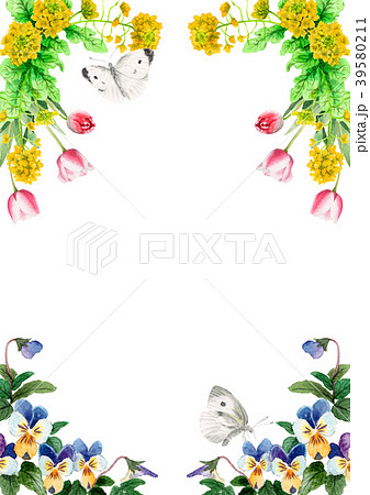 水彩で描いた春の花のフレーム素材のイラスト素材