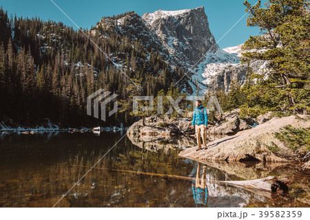 Tourist near Dream Lake in Colorado Tourist near Dream Lake in Colorado 39582359