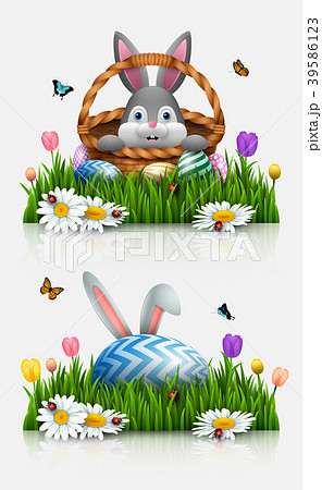 Cute rabbit cartoon with a basket and bunny ears i 39586123