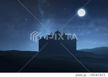 Silhouette of big mosque with moonlight Silhouette of big mosque with moonlight 39587825