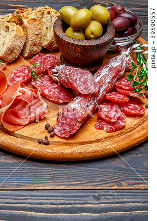 Dried organic salami sausage or spanish chorizo on 39590557