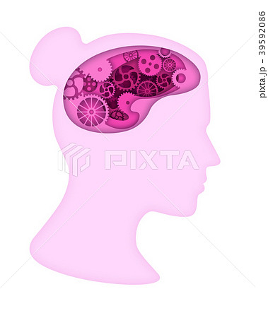 Pink woman head silhouette with gears in brain. Pink woman head silhouette with gears in brain. 39592086