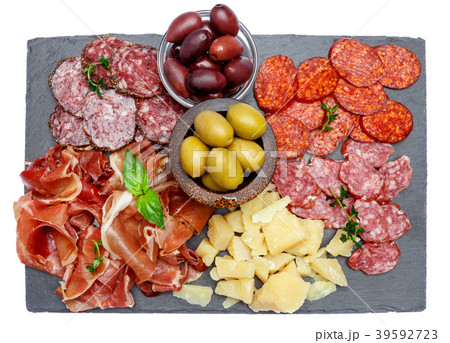 Meat and cheese plate with salami sausage, chorizo 39592723