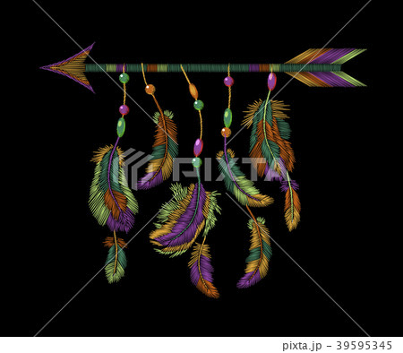 Colorful feathers arrow embroidery. Boho tribal 39595345