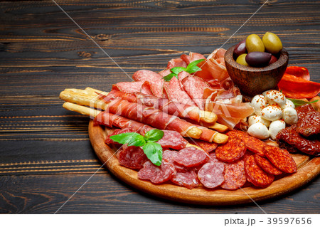 Meat and cheese plate with salami sausage, chorizo Meat and cheese plate with salami sausage, chorizo 39597656