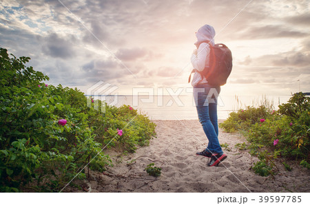 Log on the beach at sunset Log on the beach at sunset 39597785