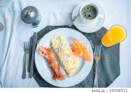 Healthy tasty american breakfast on table in Healthy tasty american breakfast on table in 39598551