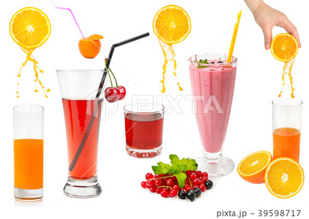 Set of fresh fruits and glasses with juice Set of fresh fruits and glasses with juice 39598717