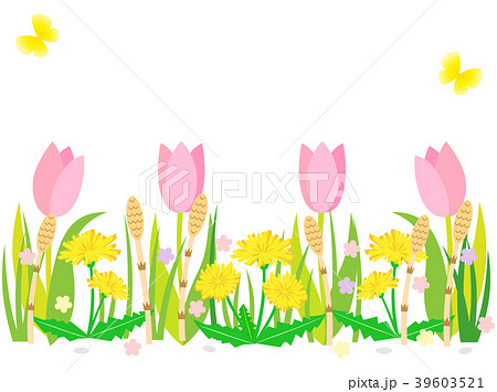 春の野原4 たんぽぽ つくし チューリップ 春 植物 カード 花のイラスト素材