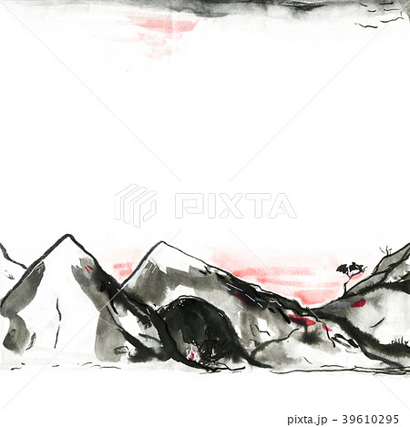 Mountains in Japanese style. Watercolor hand Mountains in Japanese style. Watercolor hand 39610295