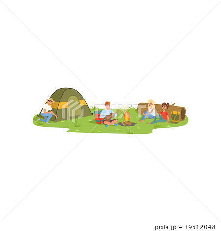 Friends sitting next the fire, enjoying camping Friends sitting next the fire, enjoying camping 39612048