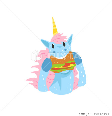 Cute funny unicorn character eating hamburger Cute funny unicorn character eating hamburger 39612491