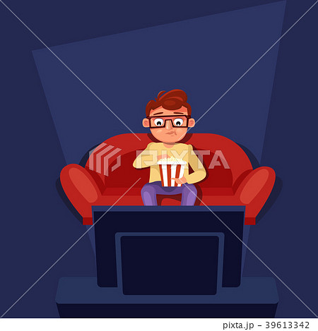 Man Sitting At Couch Watch Tv Eating Popcornのイラスト素材