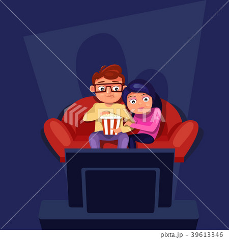 Couple Sitting At Couch Watch Tv Eating Popcornのイラスト素材