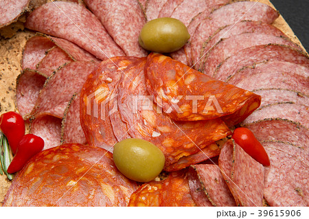 Cold meat plate with salami and chorizo sausage on Cold meat plate with salami and chorizo sausage on 39615906