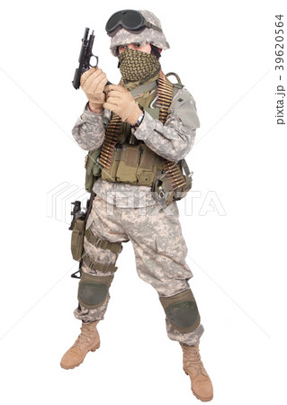 US soldier with m92 handgun on white background 39620564