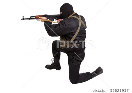 terrorist in black uniform and mask with kalashnikov isolated terrorist in black uniform and mask with kalashnikov isolated 39621937