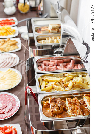Buffet trays heated ready for service. Breakfast 39625127