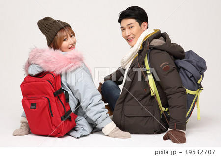 Happy young traveler couple concept photo. set out on a trip to honeymoon, camping and summer vacation concept isolated on white background. 257 39632707