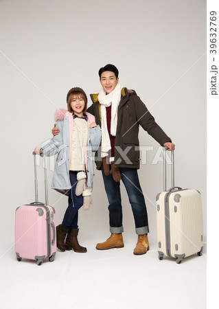 Happy young traveler couple concept photo. set out on a trip to honeymoon, camping and summer vacation concept isolated on white background. 325 39632769