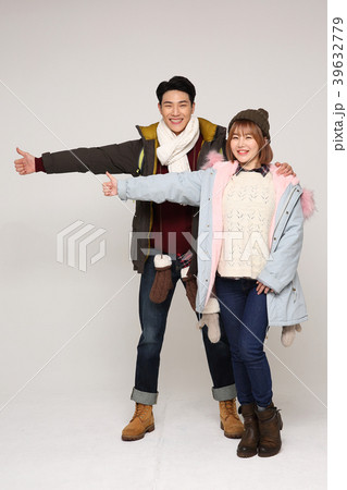 Happy young traveler couple concept photo. set out on a trip to honeymoon, camping and summer vacation concept isolated on white background. 266 39632779