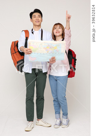 Happy young traveler couple concept photo. set out on a trip to honeymoon, camping and summer vacation concept isolated on white background. 218 39632814