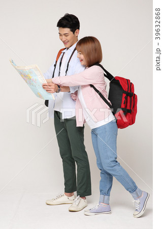 Happy young traveler couple concept photo. set out on a trip to honeymoon, camping and summer vacation concept isolated on white background. 215 39632868