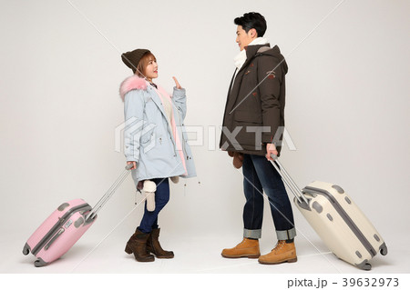 Happy young traveler couple concept photo. set out on a trip to honeymoon, camping and summer vacation concept isolated on white background. 322 39632973
