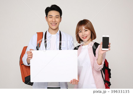 Happy young traveler couple concept photo. set out on a trip to honeymoon, camping and summer vacation concept isolated on white background. 224 39633135