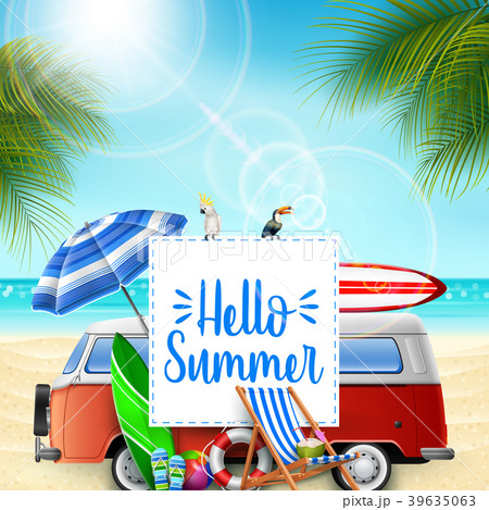Hello summer banner background with a camper van,  39635063