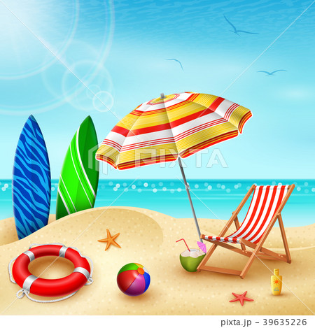 Summer holidays background. Surfboard, umbrellas,  39635226