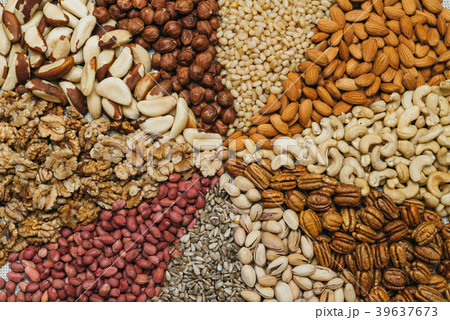 Nuts mix in a canvas bag in table. Kinds of nuts 39637673