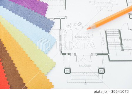 Top view of designer desk with sample of material Top view of designer desk with sample of material 39641073