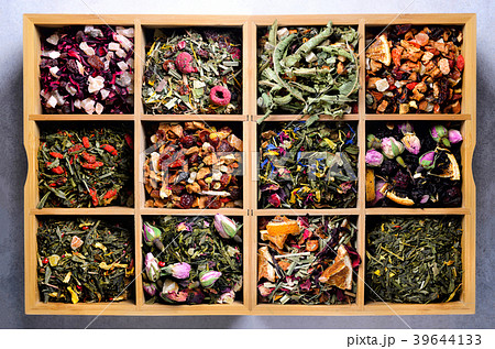 Assortment of dry tea in wooden box. Tea types 39644133