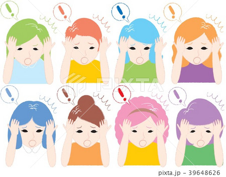 頭頂部の白髪に驚く女性達のイラスト素材