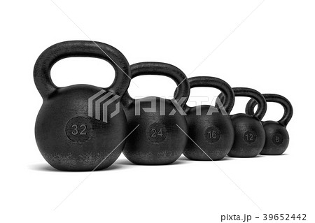 3d rendering of five black iron kettlebells in a 3d rendering of five black iron kettlebells in a 39652442