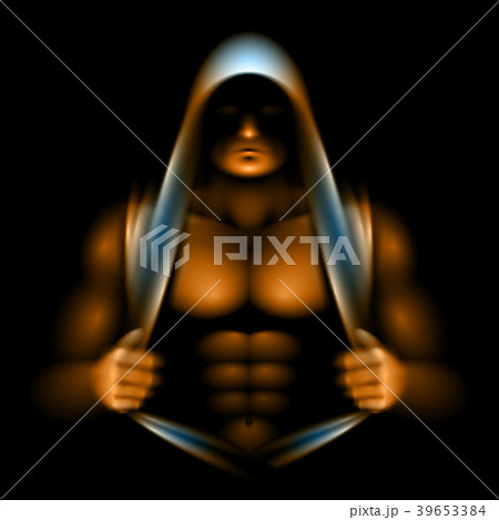 Athlete opened torso and looking out from under the hood; the incident light is illuminates the relief of muscles; No meshes only gradients 39653384