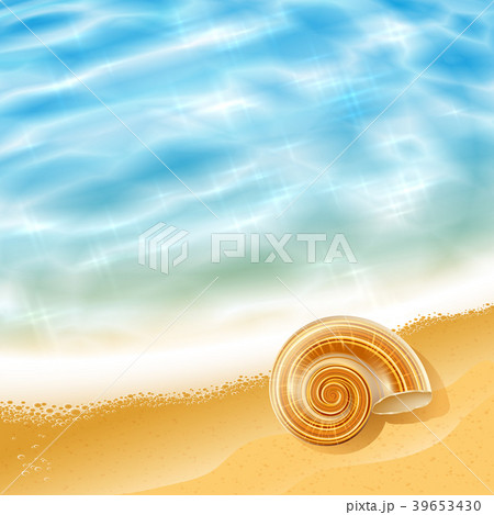 Summer beach seascape with waves and a sea shell on the shore on a sunny day; Vector background; No Mesh; Eps10 Summer beach seascape with waves and a sea shell on the shore on a sunny day; Vector background; No Mesh; Eps10 39653430